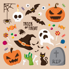 Icon vector set of Halloween concepts. Colour Illustration in cute or kids drawing style. Contained bat, eyeball, spider, skull candle, candy, pumpkin, ghost, witch hat, zombie hand, and grave.