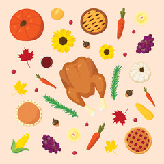 Icon vector illustration of Thanksgiving concepts with food, fruit and drinks. Colour cute cartoon drawing style. Contained turkey, pumpkin, grapes, carrot, pie, acorn, maple leaf, corn and sunflower