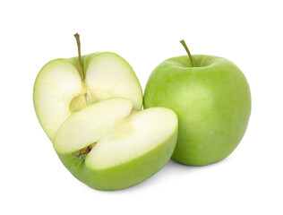 Fresh ripe cut and whole apples on white background