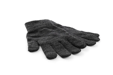 Grey woolen gloves on white background. Winter clothes