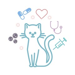 薬や聴診器に囲まれている猫のイメージ
