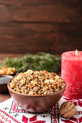 Traditional Christmas slavic dish kutia served on table. Space for text