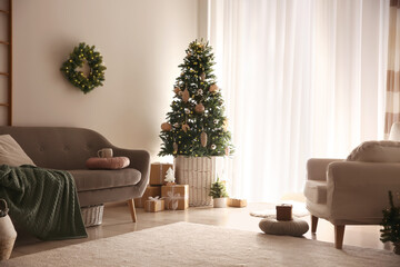 Beautiful living room interior decorated for Christmas