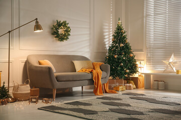 Stylish room with Christmas decorations. Festive interior design