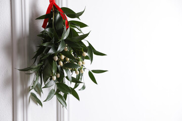 Mistletoe bunch with red ribbon hanging on light background, space for text. Traditional Christmas decoration