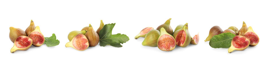 Set of tasty figs on white background. Banner design