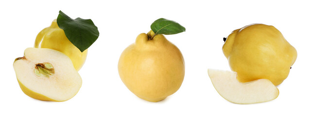 Set of delicious ripe quinces on white background. Banner design