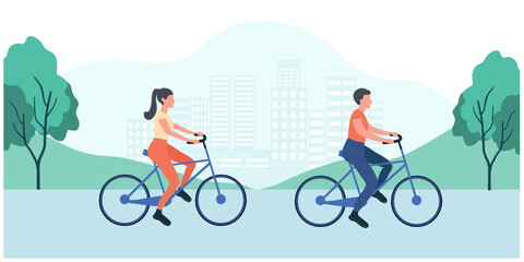 Fototapeta na wymiar Healthy lifestyle concept, couple man and woman riding bicycle in park. Exercise activity outdoor concept vector illustration