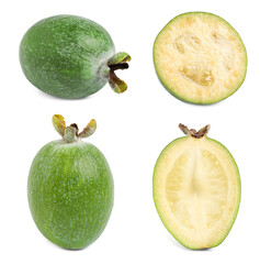 Set of fresh ripe feijoas on white background