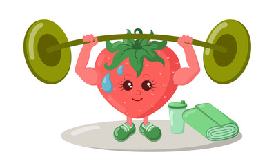Cute strong strawberry athlete with sneakers, barbell, shake drink and towel. Colorful smiling kawaii fruit emoticon. Isolated sport vector illustration.	