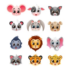 Cartoon happy wild animals head collection