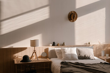 Interior of light bedroom in modern apartment