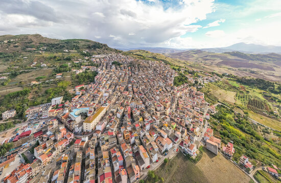Aerial view of the picturesque town of Alia, Sicily, Italy.