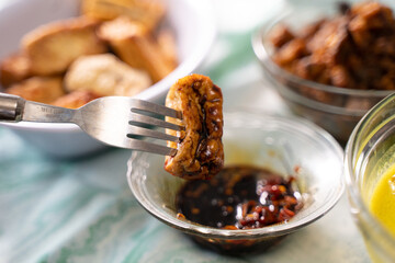 Healthy and delicious Indonesian fried tofu with chili soy sauce