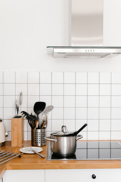 Saucepan on stove in kitchen