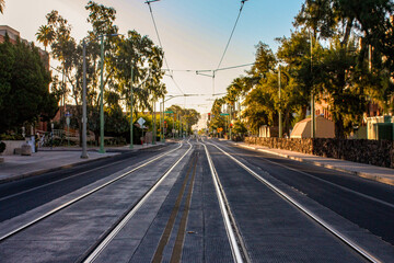 Fototapeta na wymiar Tram tracks in city