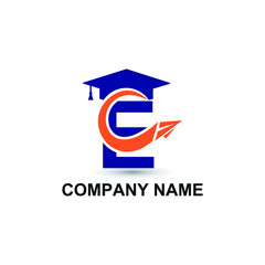 Initial letter E with toga hat  graduation gown and paper plane flying around for education academy logo concept 