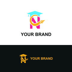 Initial letter N with toga hat  graduation gown and paper plane flying around for education academy logo concept 