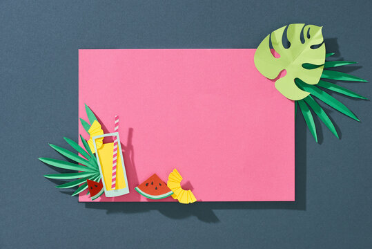 Summer sale template with tropical exotic leaves and fruits.