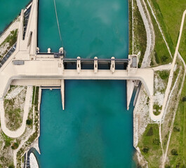 Aerial view of electricity power dam, Switzerland.