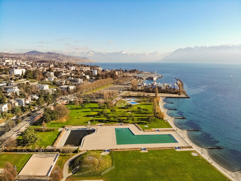 Aerial view of Bellerive swimming area, Lausanne, Switzerland.