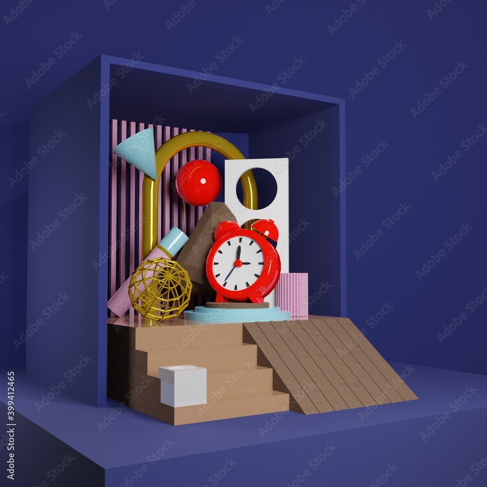 Poster premium image - red alarm clock and abstract object in the box 3d rendering for social media post