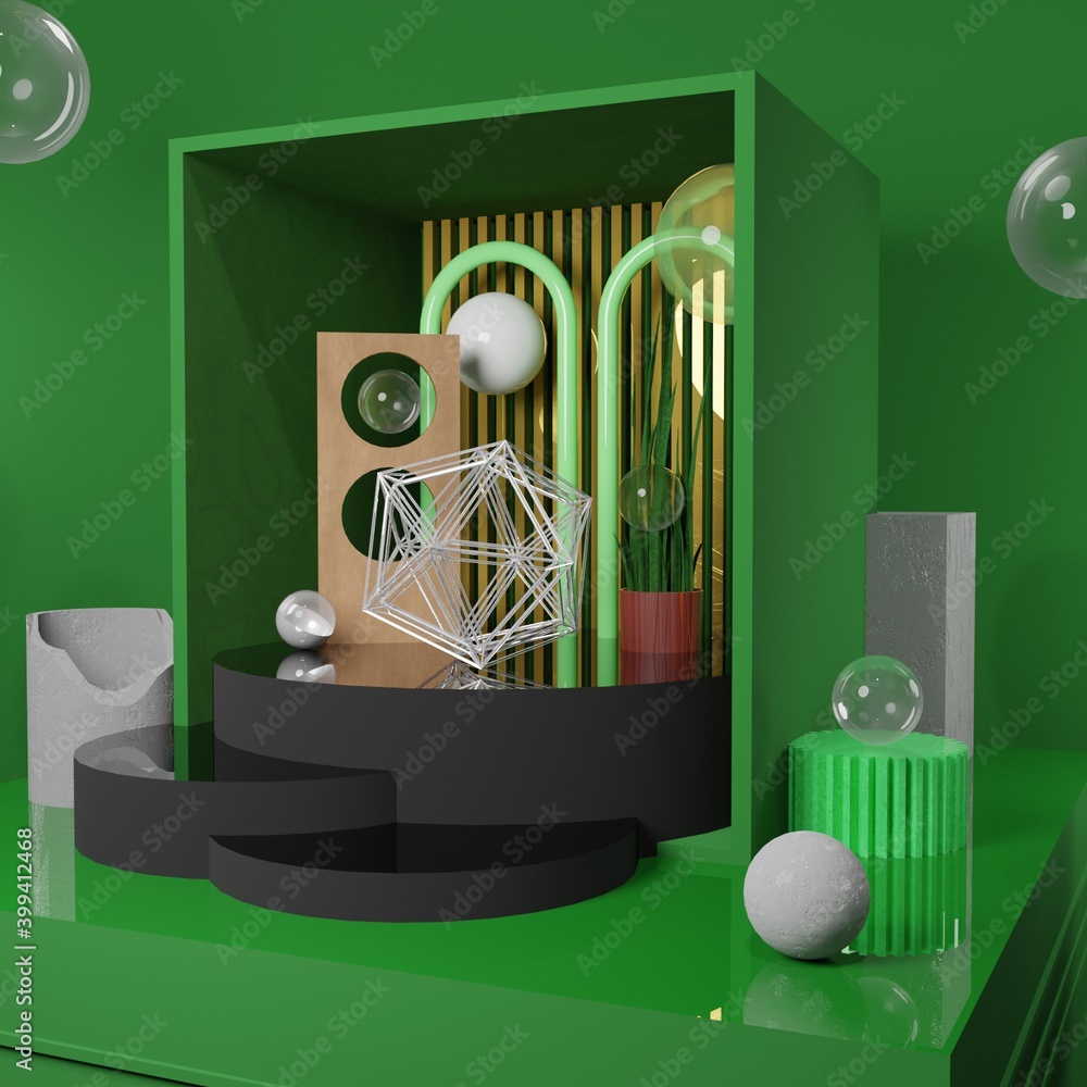 Poster premium image - stone chunks clock and abstract object in the green box - 3d rendering for social me