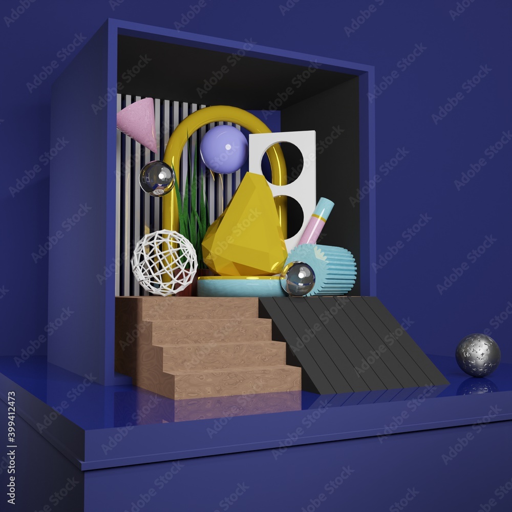 Poster premium image - gold chunks clock and abstract object in the box 3d rendering for social media post
