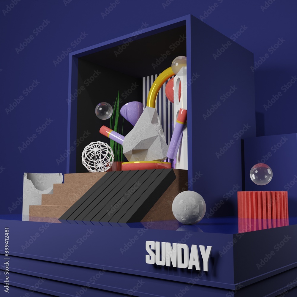 Poster premium image - stone chunks clock and abstract object in the box with sunday text - 3d rendering fo
