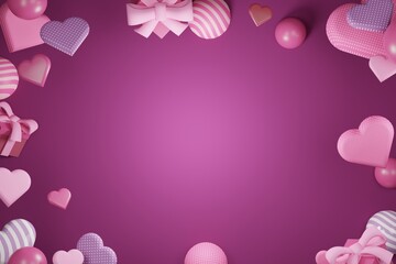 Abstract Love shape and Gift in Dark Pink Background - 3d Rendering