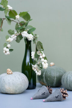 Pumpkins, bottle with snowberry branches and hedgehogs made of felt and pine cones