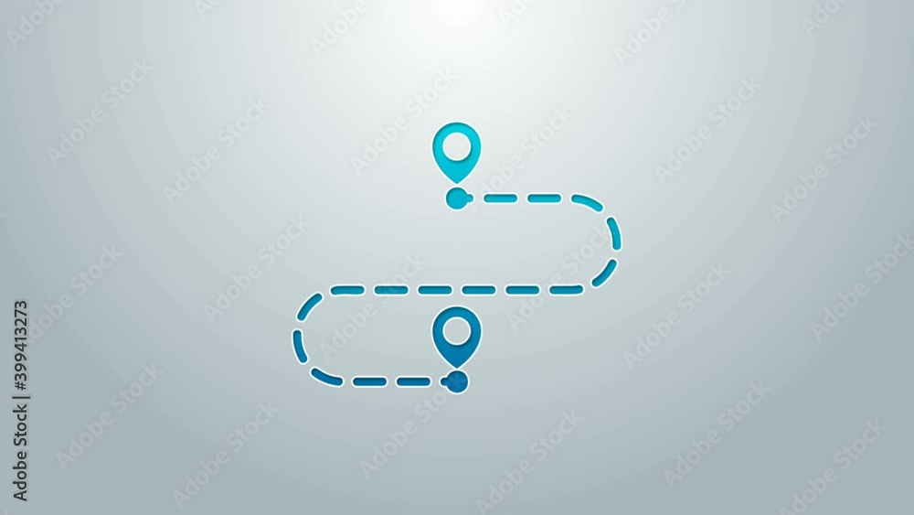 Poster blue line route location icon isolated on grey background. map pointer sign. concept of path or road