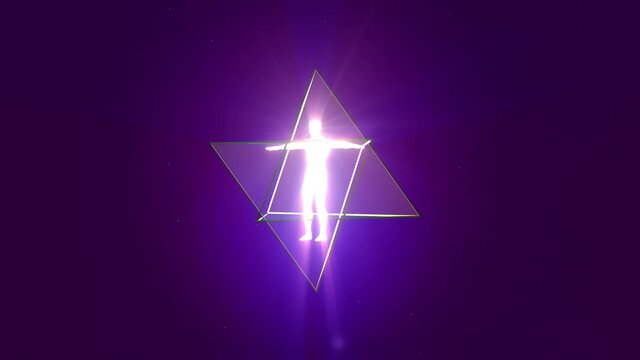 A looped 3D animation of the rotation of two tetrahedrons (Merkaba) inside which is a luminous man.