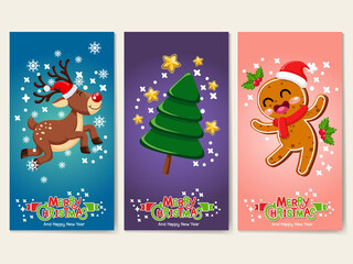 Fototapeta premium Collection Merry Christmas and Happy New Year greeting cards. Reindeer, Christmas Tree, Gingerbread, characters. Set of vector icons illustrations