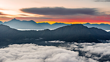 Sunset at the Himalayan mountains peaks in Ramanila Dande it is on trekking route to Mera peak in Nepal.