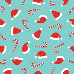 Santa hat candy icons merry christmas pattern seamless background. Great for xmas wallpaper, packaging, backdrops, scrapbooking, gifts, or giftwrap projects. Surface pattern design.