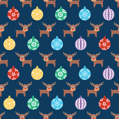 Deer christmas balls ornament moose background seamless pattern. Perfect for winter themed wallpaper, backdrops, xmas packaging, scrapbooking, or giftwrap projects. Surface pattern design.