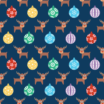 Deer christmas balls ornament moose background seamless pattern. Perfect for winter themed wallpaper, backdrops, xmas packaging, scrapbooking, or giftwrap projects. Surface pattern design.