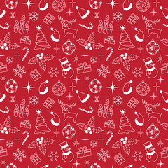Red christmas background doodle elements seamless repeat pattern. Great for xmas wallpaper, happy holidays backdrops, winter themed packaging, scrapbooking, giftwrap projects. Surface pattern design.