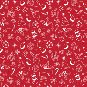 Red christmas background doodle elements seamless repeat pattern. Great for xmas wallpaper, happy holidays backdrops, winter themed packaging, scrapbooking, giftwrap projects. Surface pattern design.