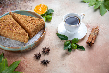front view yummy honey cake with tea on light background sugar biscuit sweet cake