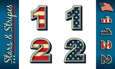 Numbers 1 and 2. Stylized vector numerals with USA flag elements and colors, isolated on white, with example on dark background.