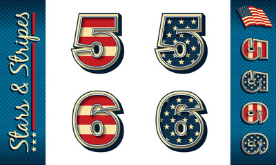Numbers 5 and 6. Stylized vector numerals with USA flag elements and colors, isolated on white, with example on dark background.