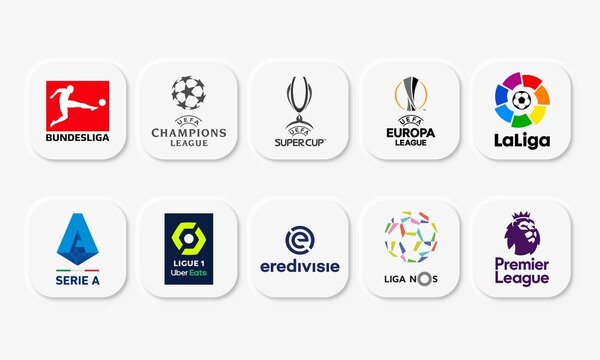 Vector illustration of popular european league web buttons. UEFA Champions League, Bundesliga, La Liga, Serie A, Premier League and UEFA Europa League.  Neomorphism style. For editorial use.
