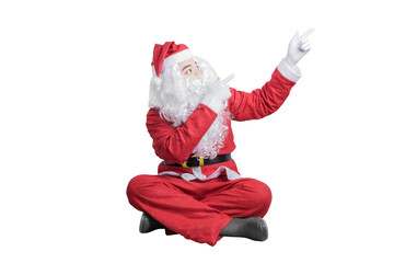 Asian man in Santa costume pointing something