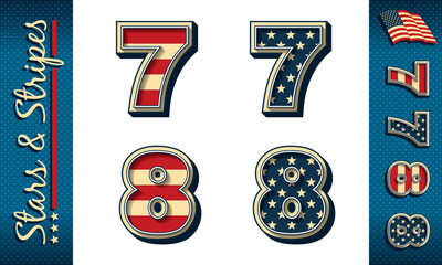 Numbers 7 and 8. Stylized vector numerals with USA flag elements and colors, isolated on white, with example on dark background.