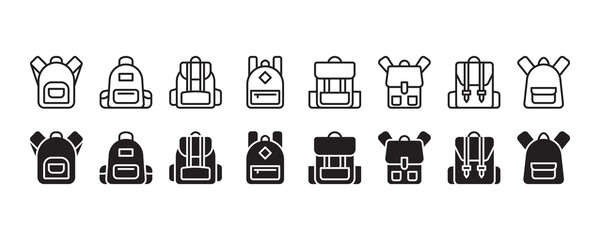 Backpack, school bag icon set. Vector graphic illustration. Suitable for website design, logo, app, template, and ui.  - obrazy, fototapety, plakaty