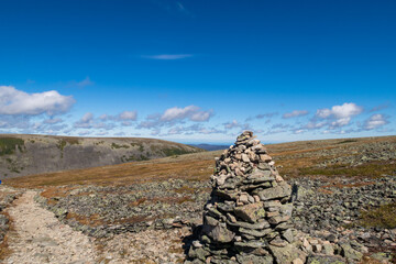 View of a cairn at the mount Jacques Cartier in the Gaspésie national park, Canada