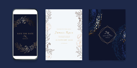 Fototapeta na wymiar Luxury Social Media Wedding invite frame templates. Vector background. Mockup for social media banner. mobile Floral golden collage layout design.