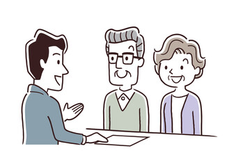 ベクターイラスト素材：シニア夫婦、窓口、接客、受付、対応
